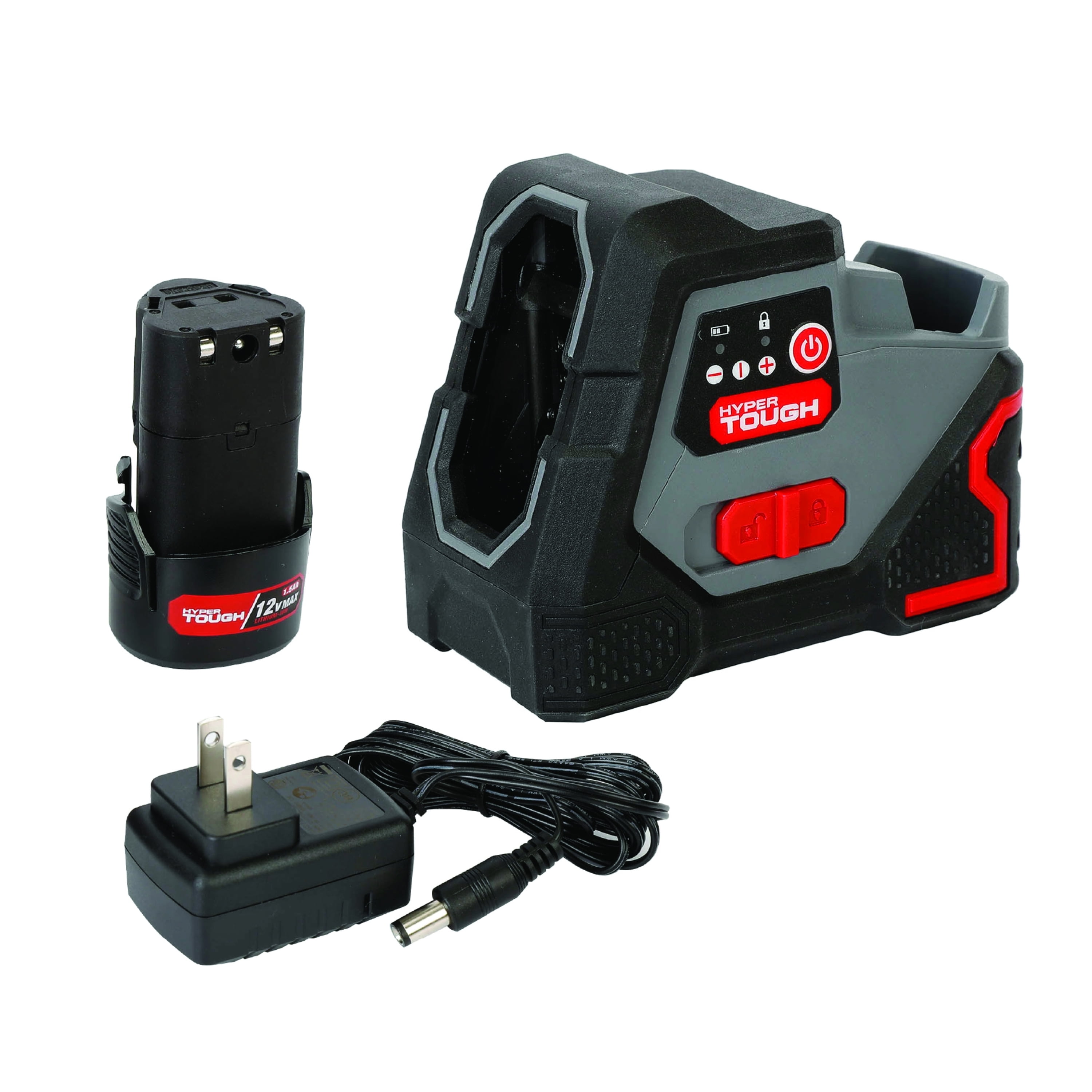 Hyper Tough 12V Laser Level, Cross-Line, Rechargeable, 1.5Ah Lithium Battery, with Charger