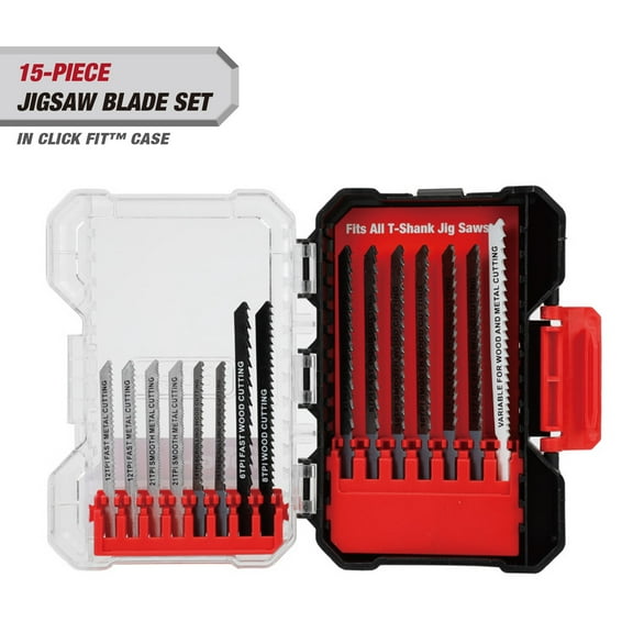 Hyper Tough 15-Piece T-Shank Jigsaw Steel Blade Set in Click Fit Case