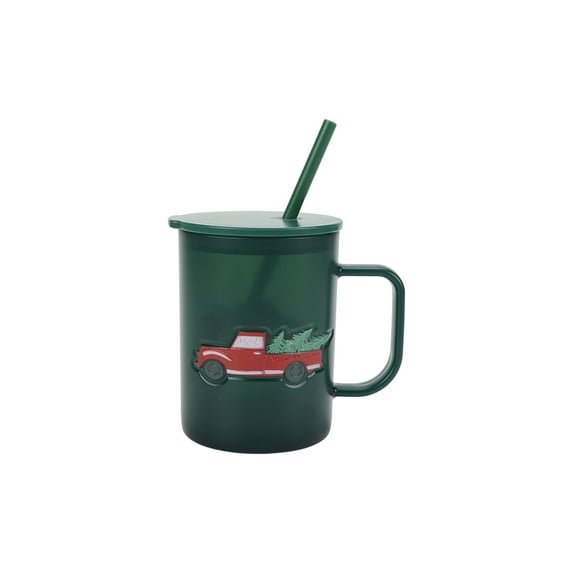 20 Ounce Green Frosted Acrylic Embossed Red Truck Mug with Lid and Straw, by Holiday Time