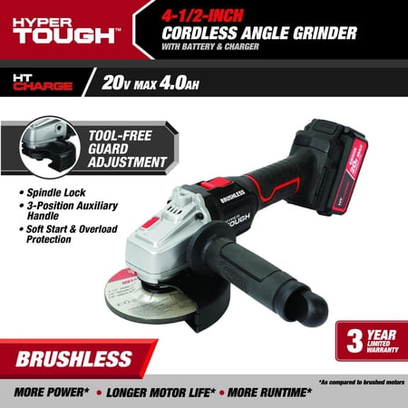 HYPER TOUGH 20V BRUSHLESS 4-1/2-IN CORDLESS ANGLE GRINDER BATTERY & CHARGER