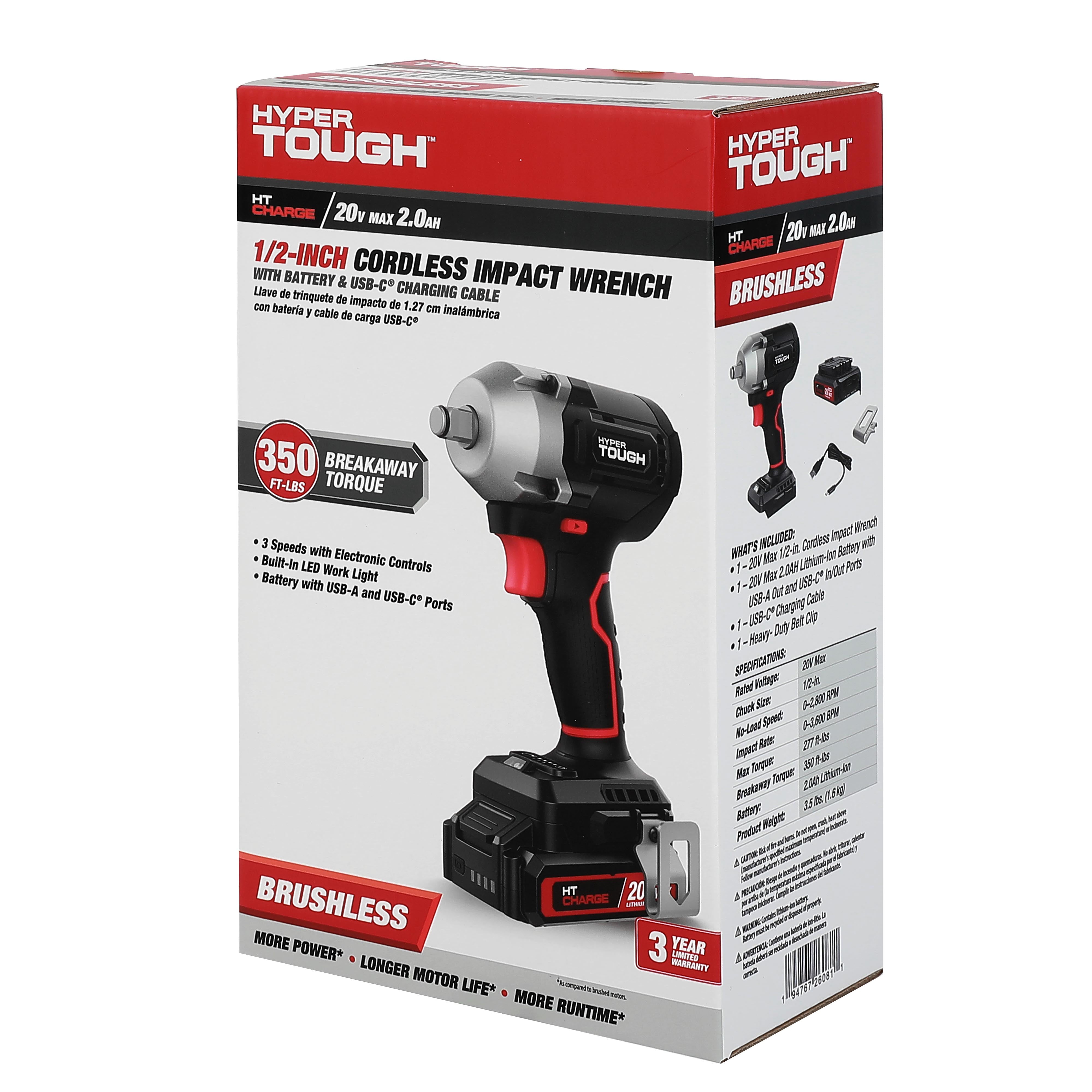 Hyper Tough 20V Brushless 1/2-inch Impact Wrench, Battery & Charging Cable