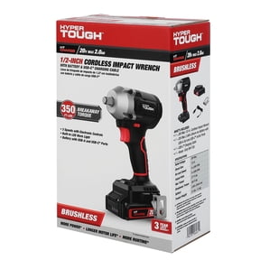 Hyper Tough 20V Brushless 1/2-inch Impact Wrench, Battery & Charging Cable