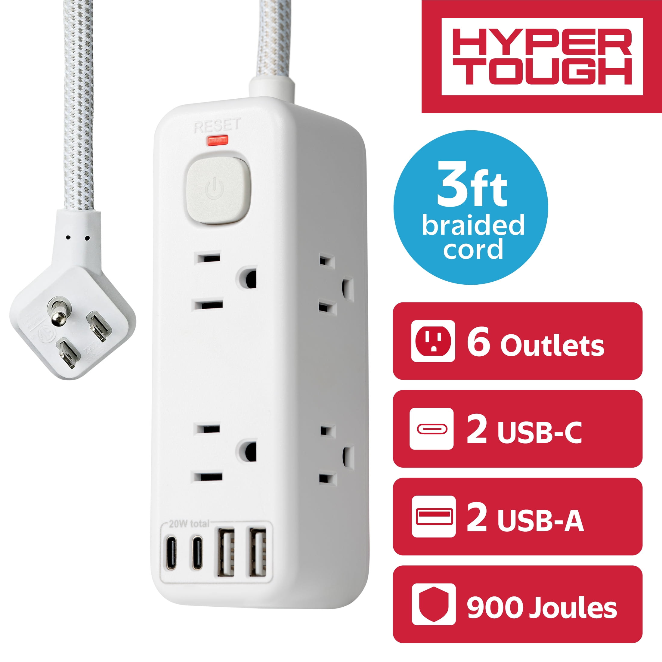 Hyper Tough Surge Protector Power Strip with 6 Outlets 4 USB Ports