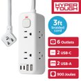 thumbnail image 1 of Hyper Tough USB Power Strip, 3ft Extension Cord, 6 Outlet, USB-A, USB-C, 900J Surge Protector, White, 1 of 9
