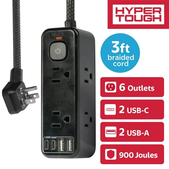 Hyper Tough USB Power Strip, 3ft Extension Cord, 6 Outlet, USB-A, USB-C, 900J Surge Protector, Black