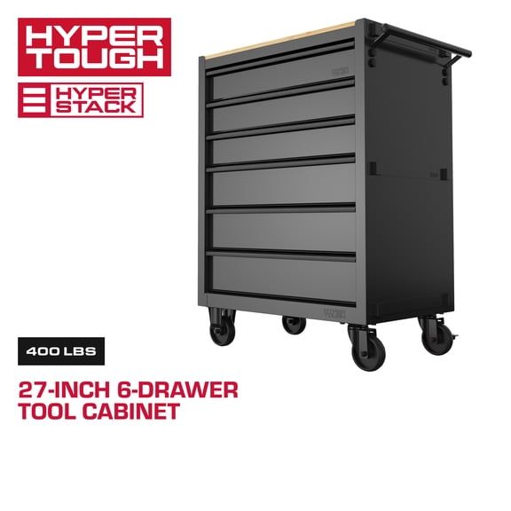 Hyper Tough Hyper Stack 27-Inch 6-Drawer Rolling Tool Cabinet, Black Steel Garage Tool Storage Chest