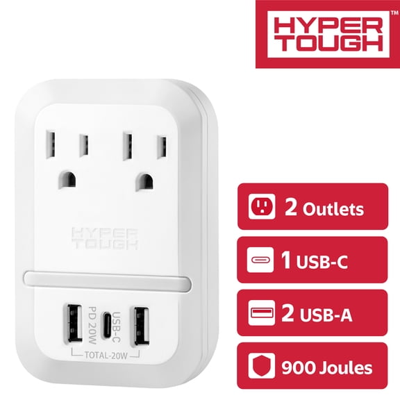 Hyper Tough Surge Protector Wall Tap With USB Ports, 2-Outlet, 900 Joules, White