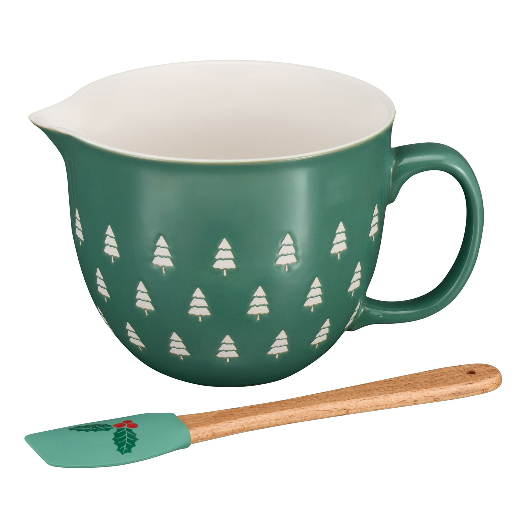 Holiday Time 2-Piece Trees Glazed Stoneware Batter Bowl & Spatula Set