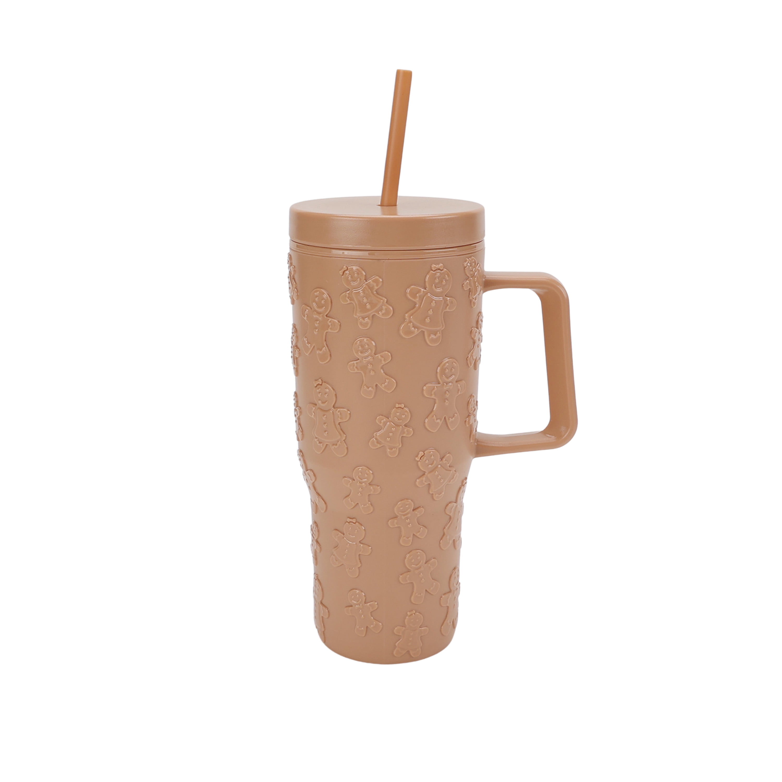 30 Ounce Tan Acrylic Double Wall Embossed Gingerbread Tumbler with Straw and Handle, by Holiday Time
