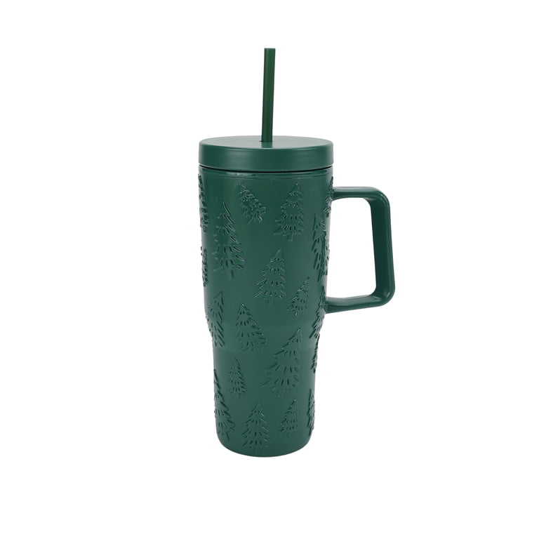 30 Ounce Green Acrylic Double Wall Embossed Christmas Trees Tumbler with  Straw and Handle, by Holiday Time