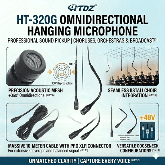 HT-320G Professional Overhead Microphone Omnidirectional Condenser Ceiling Hanging Mic Designed for Conference Lecture Halls Classroom Requires 48V Phantom Power