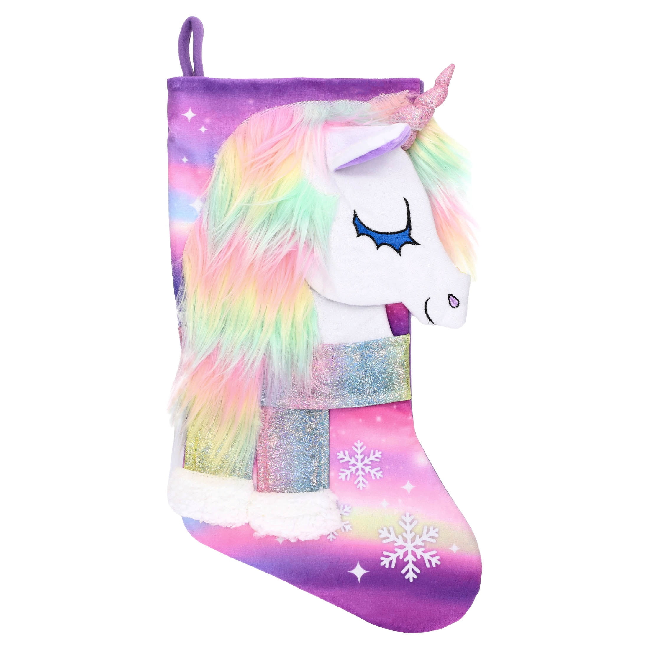 Holiday Time Unicorn 20 Inch Christmas Stocking with Rainbow Mane