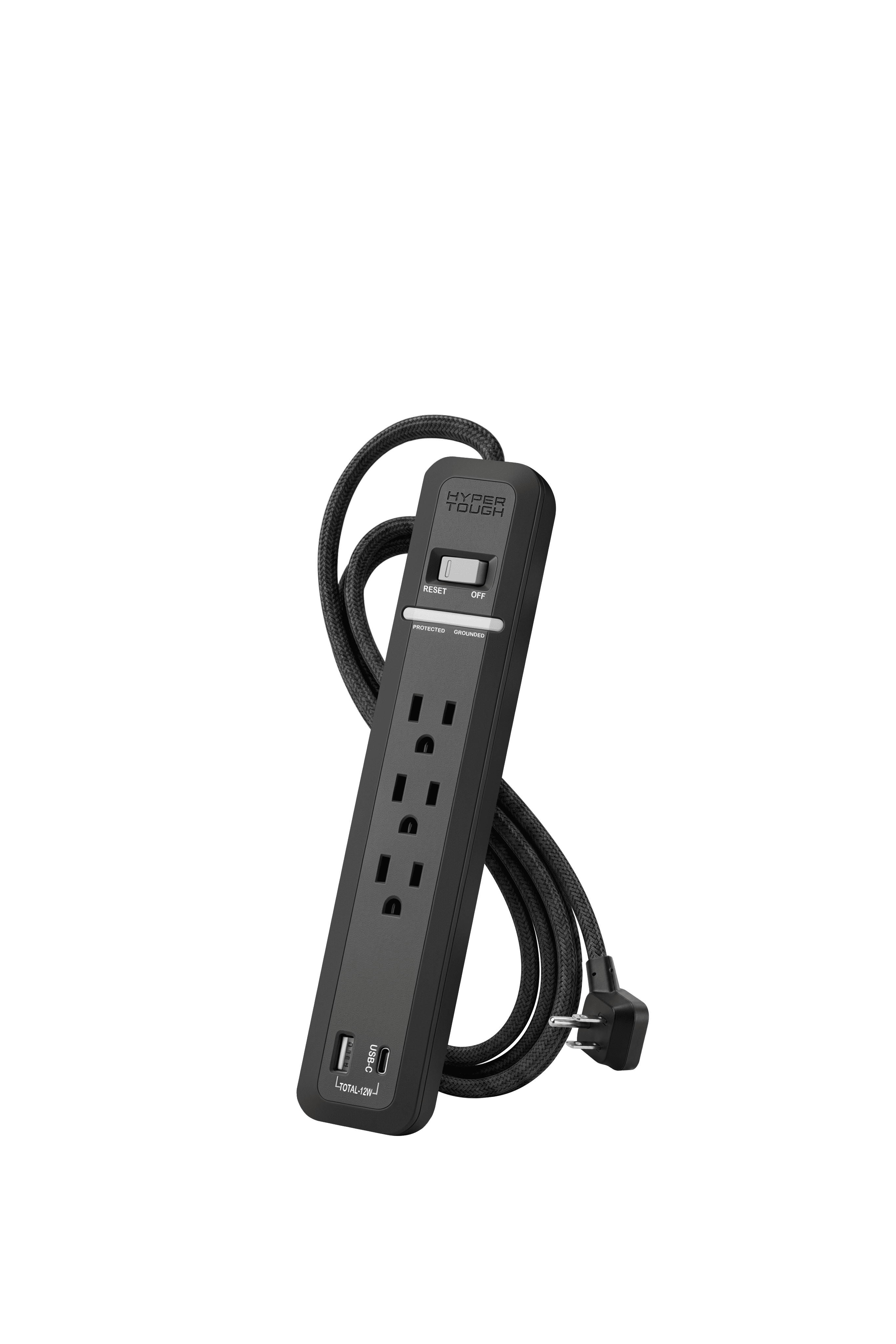 Hyper Tough 3-Outlet Power Strip with USB-A & USB-C, 6 Ft Extension Cord, Black