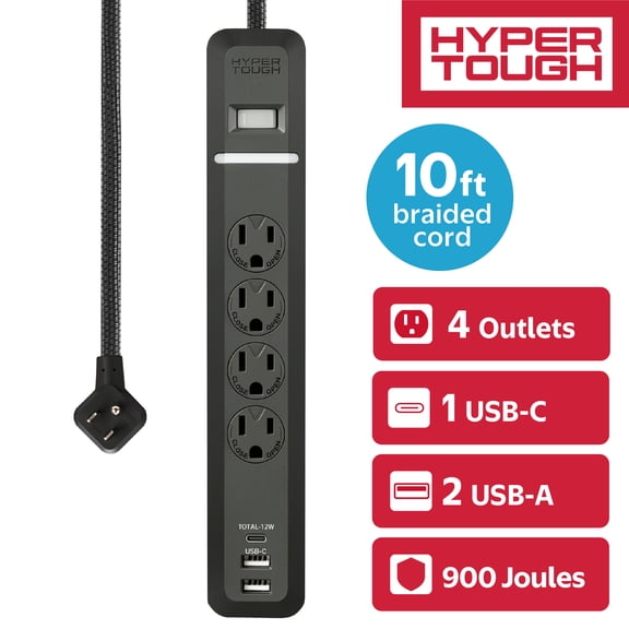 Hyper Tough 4 Outlet Surge Protector with USB Ports and 10 ft Braided Cord, Black