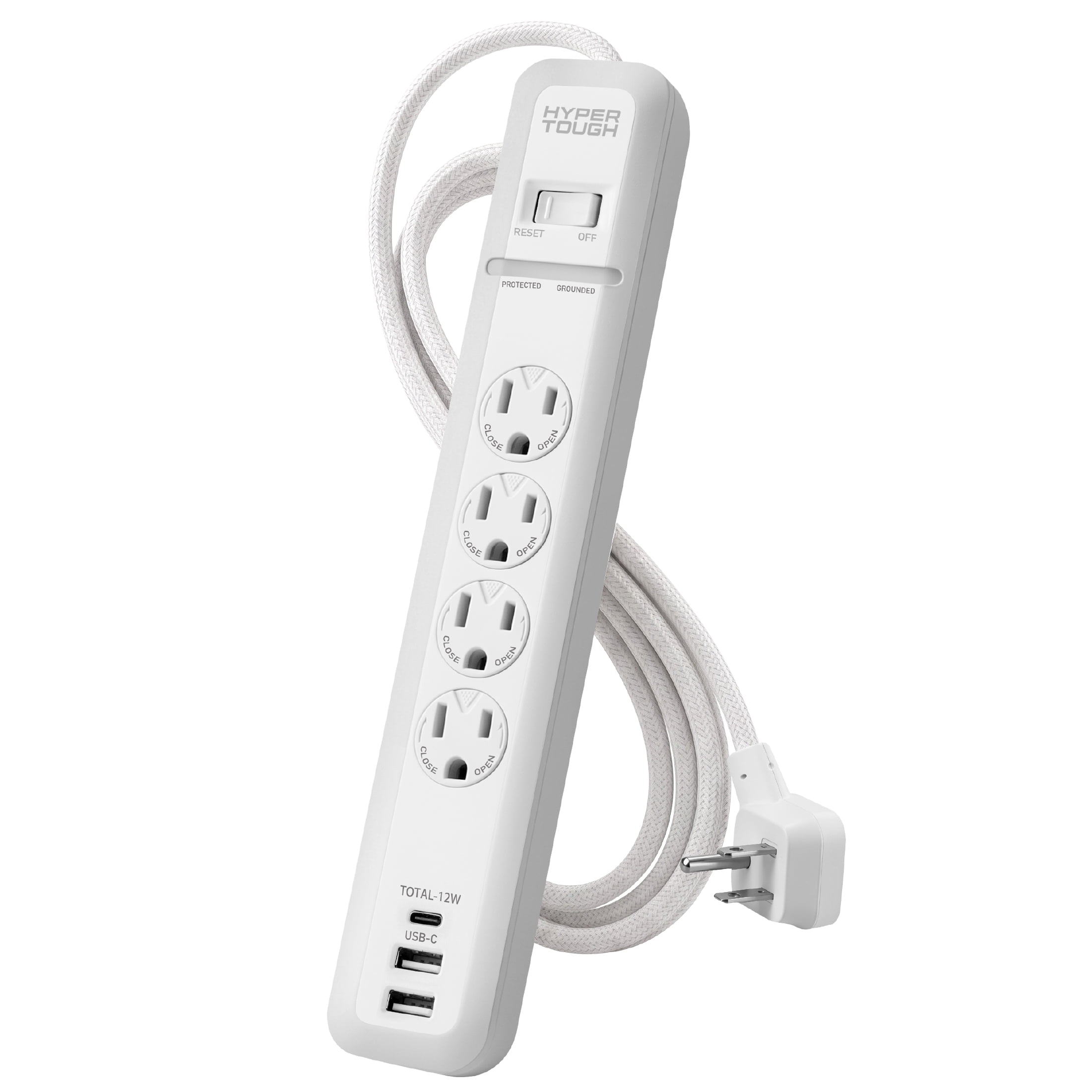 Hyper Tough Surge Protector Power Strip with 4 Outlet, USB Ports, 10 ft Braided Cord, White