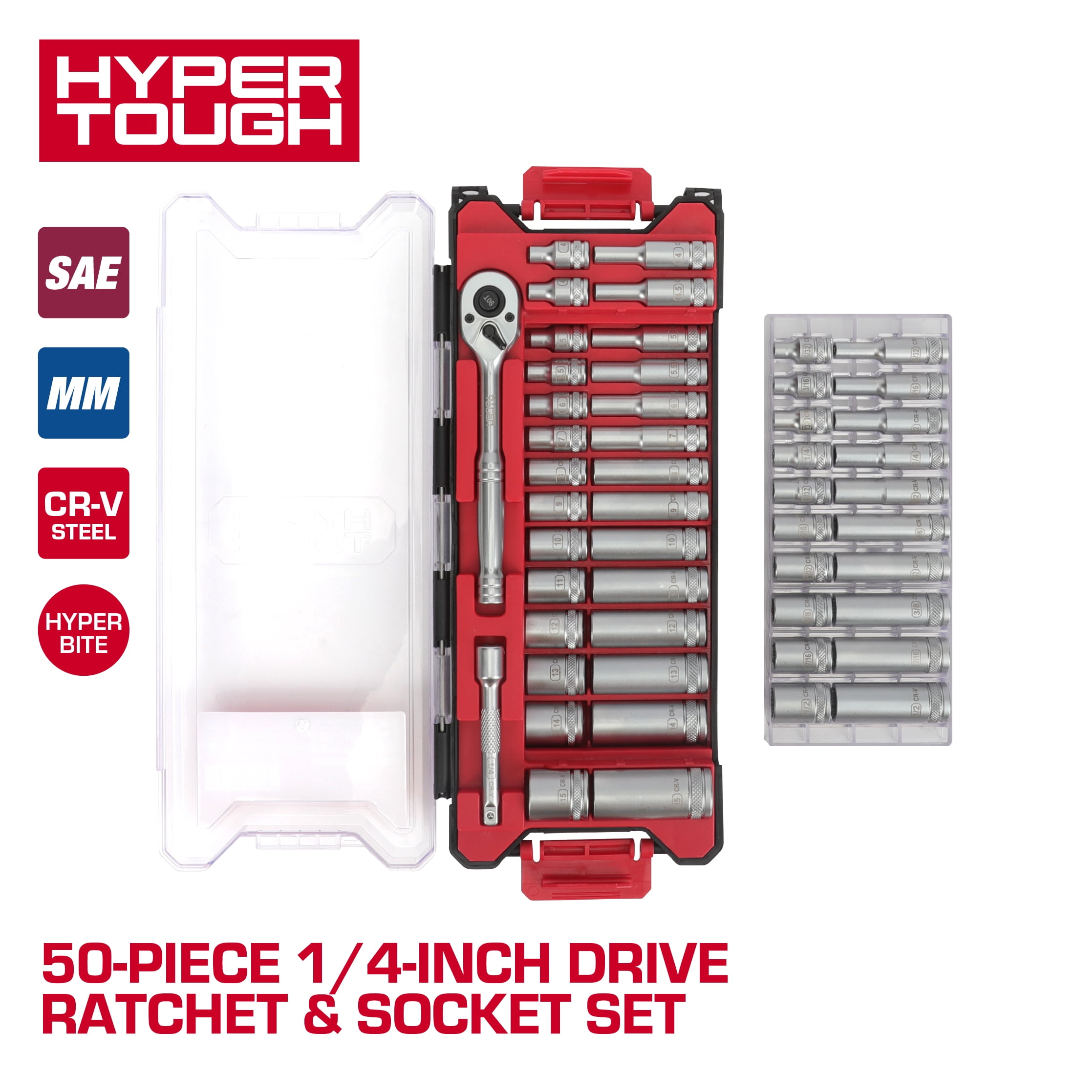 Hyper Tough 1/4-Inch Drive Ratchet and Socket Set, SAE and Metric, 50 Pieces