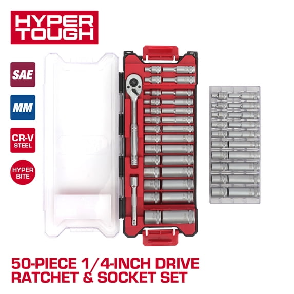 Hyper Tough 1/4-Inch Drive Ratchet and Socket Set, SAE and Metric, 50 Pieces