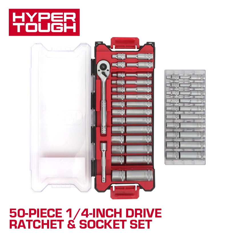 Hyper Tough 1/4-Inch Drive Ratchet and Socket Set, SAE and Metric, 50 Pieces