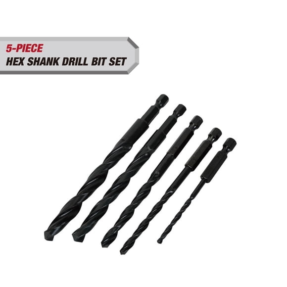Hyper Tough 5-Piece1/4-inch Hex Shank Drill Bit Set, Black Oxide