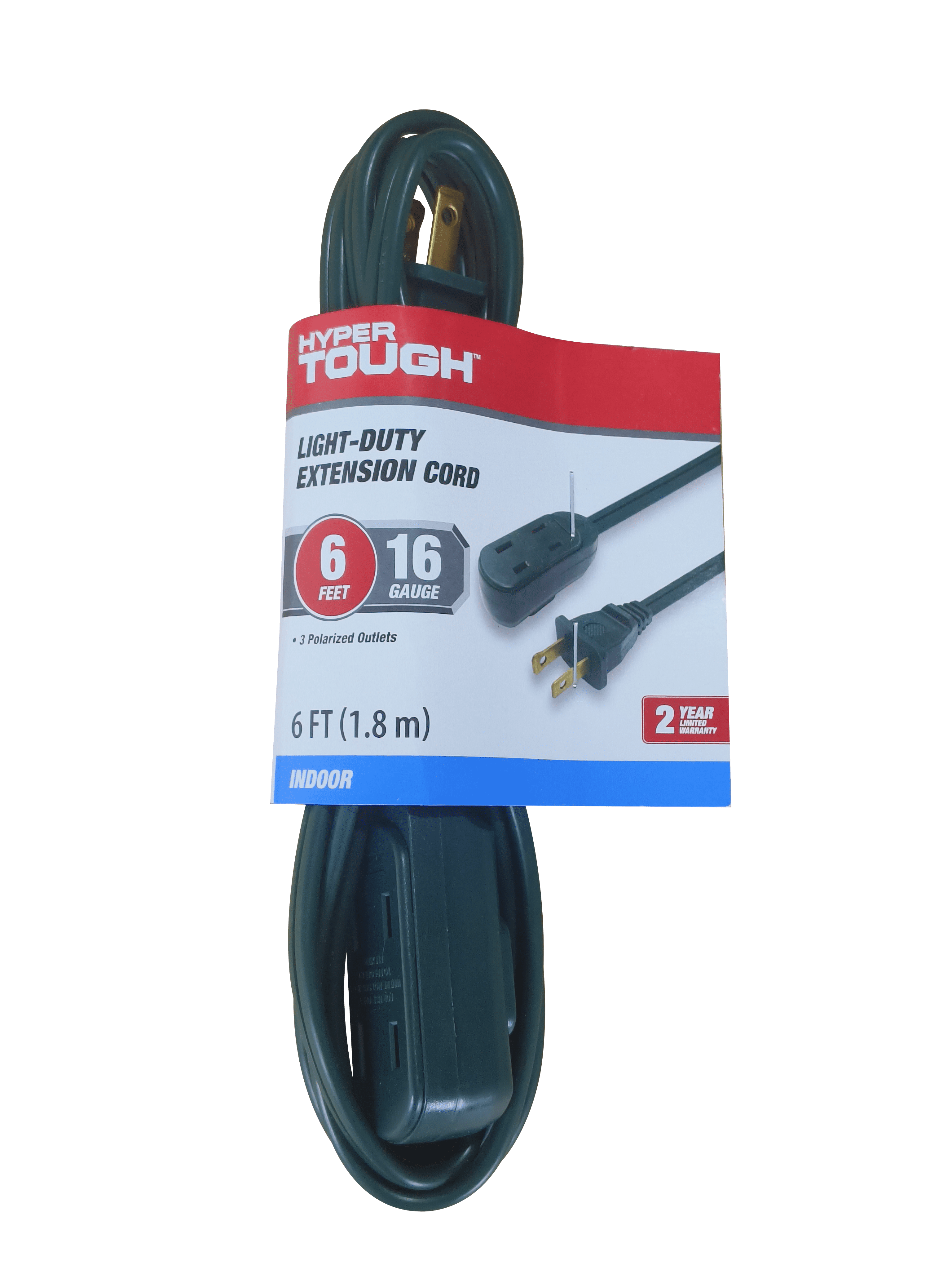 Hyper Tough 6 ft 16 AWG Green Indoor Household Extension Cord with 3 Polarized Outlets, 13 Amps