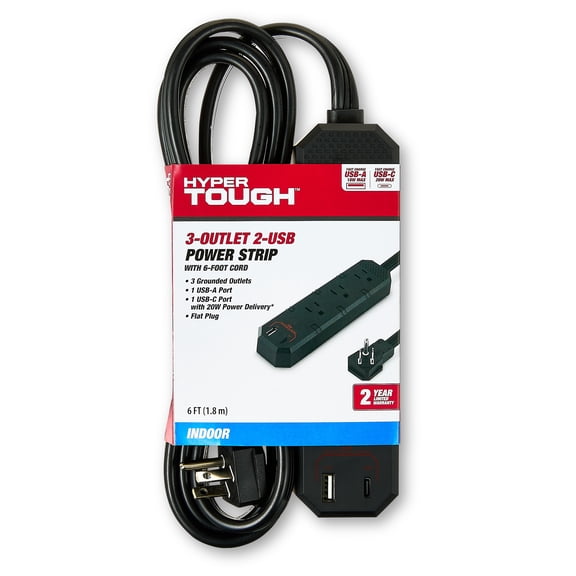 Hyper Tough 3-Outlet 2-USB(1 USB-A+1 USB-C) Indoor Power Strip, Black, 6' Cord, Flat Wall Plug, 125V, 15A