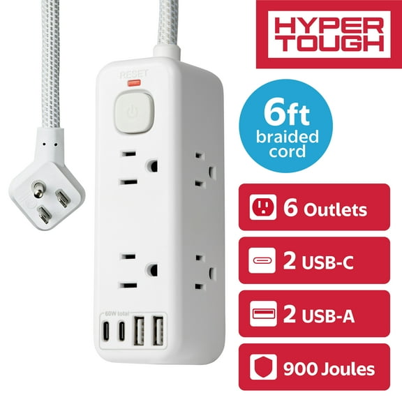 Hyper Tough USB Power Strip, 6ft Extension Cord, 6 Outlet, USB-A, USB-C, 900J Surge Protector, White