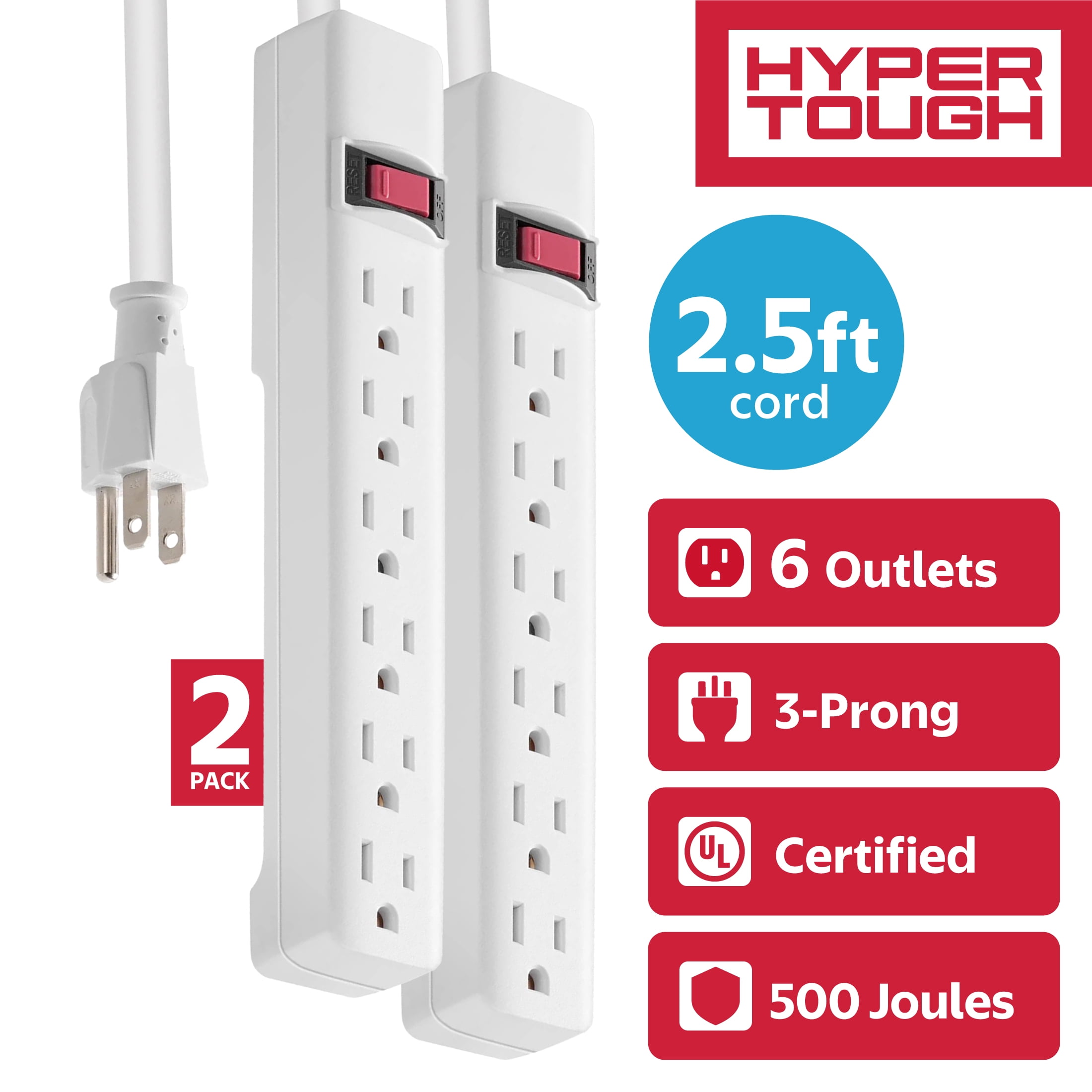 Hyper Tough Indoor Surge Protector 6-Outlet 2.5ft 500J Cord 15A