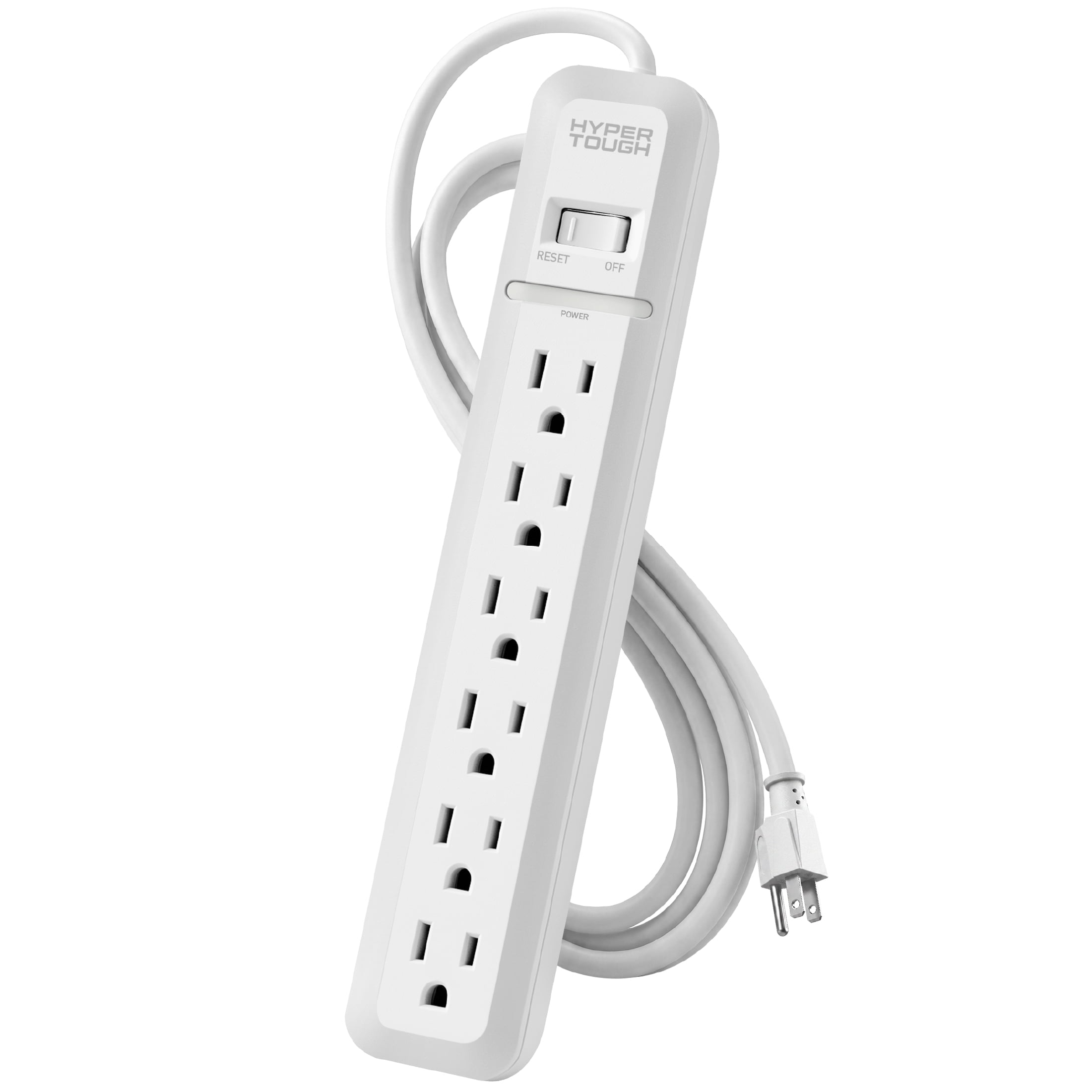Hyper Tough 6 Outlet Surge Protector with 2.5 ft Extension Cord, White
