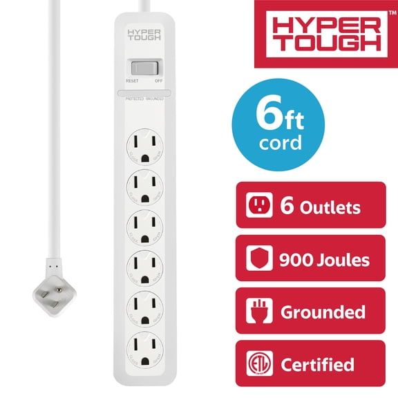 Hyper Tough 6-Outlet Surge Protector with 900-Joule Protection, 6ft Cord, White