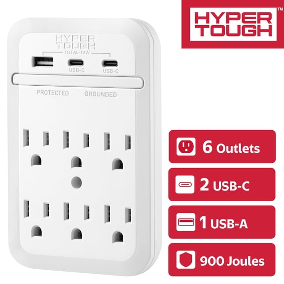 Hyper Tough Electrical USB Outlet Extender With 6 Outlet, USB Ports and Surge Protector