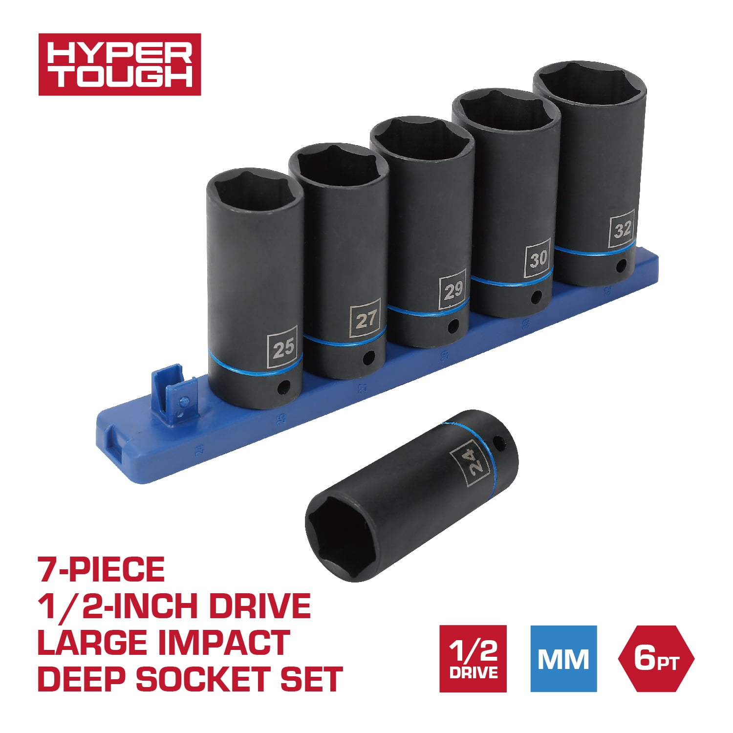 Hyper Tough Metric 1/2-inch Drive Large Impact Deep Socket Set, 7 Pieces
