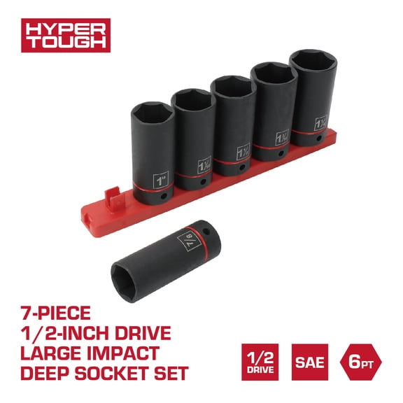 Hyper Tough 1/2-Inch Drive Large Impact Deep Socket Set, SAE, 7 Pieces