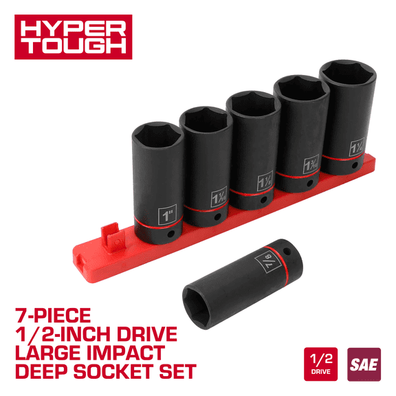 Hyper Tough 1/2 in Drive SAE Large Impact Deep Socket Set, 7 Pieces