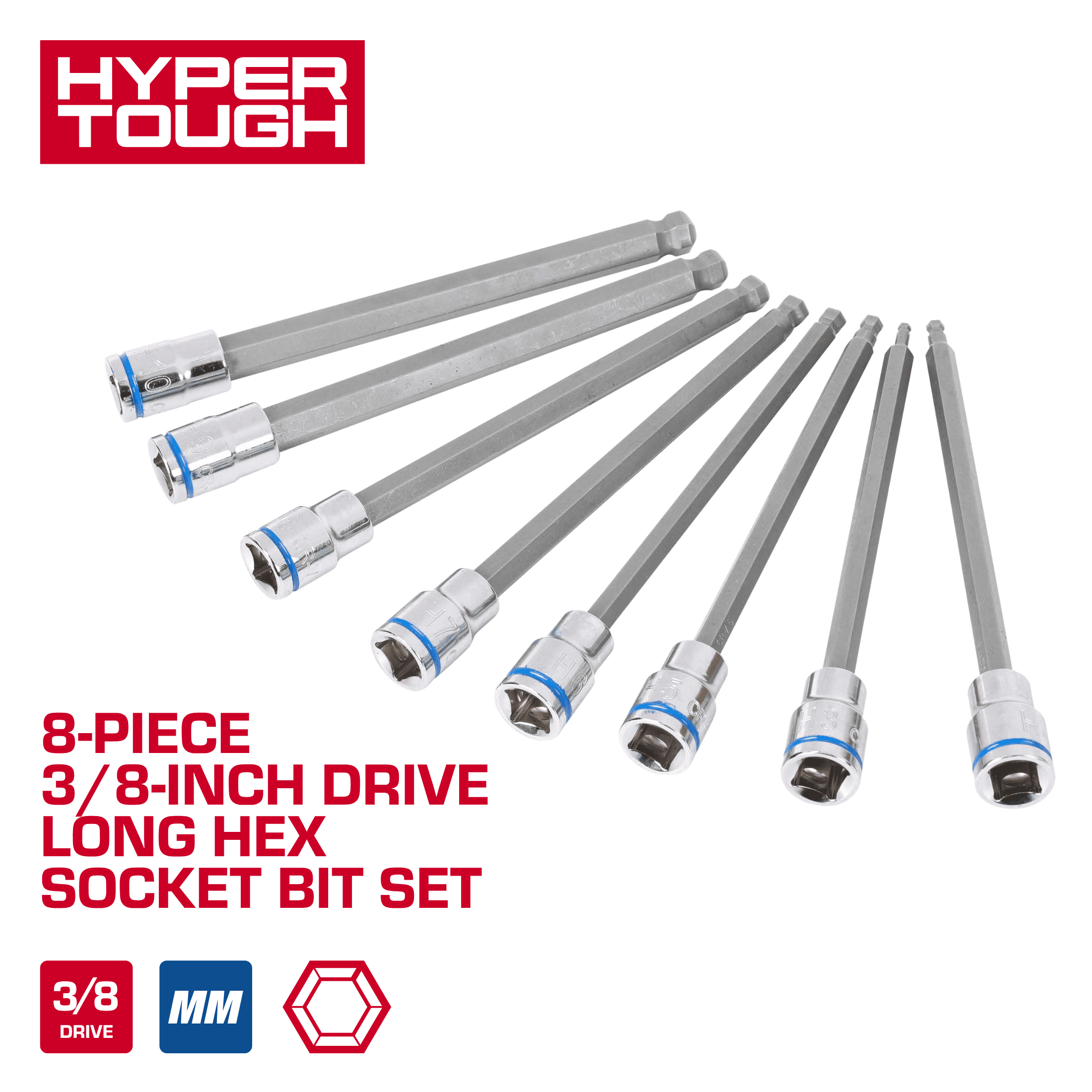 Hyper Tough 8-Piece 3/8-inch Drive Long Hex Socket Bit Set (mm