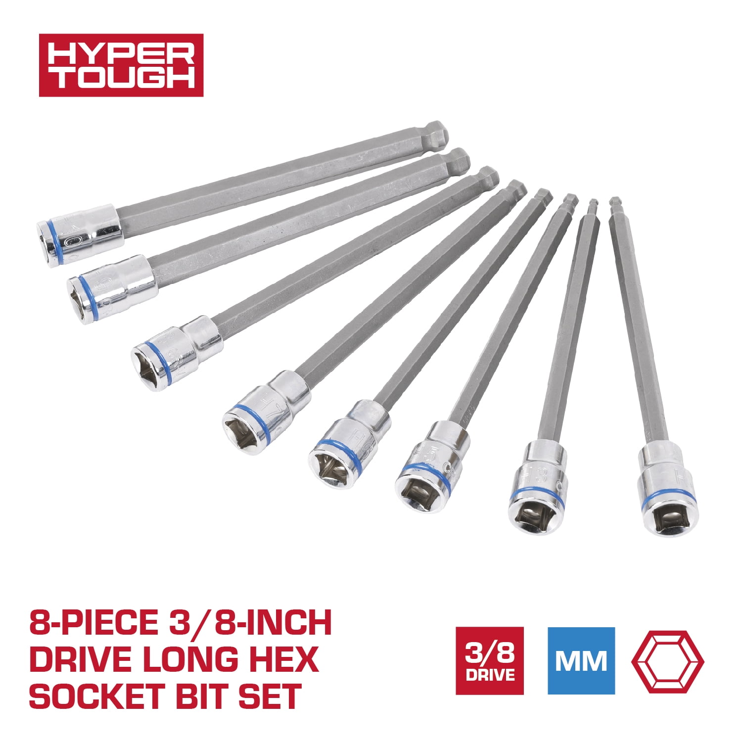 Hyper Tough 8-Piece 3/8-inch Drive Long Hex Socket Bit Set (mm)