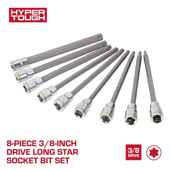 Hyper Tough 3/8-Inch Drive Long Star Socket Bit Set, 9 Pieces