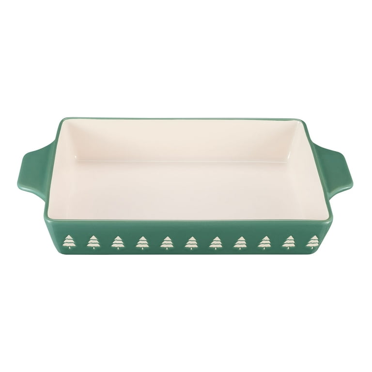 Holiday Time 9 inch x 13 inch 3.7 Qt Trees Glazed Stoneware Bake Serve Dish Green White Size 13.15 inch x 9.09 inch x 2.36 inch