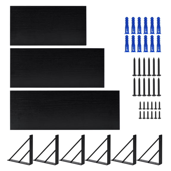 Elegant Black Wood Floating Shelves with Wall Mount, 3 Pack