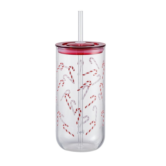 Candy Can Sipper Glass with Lid 20 OZ Holiday Time
