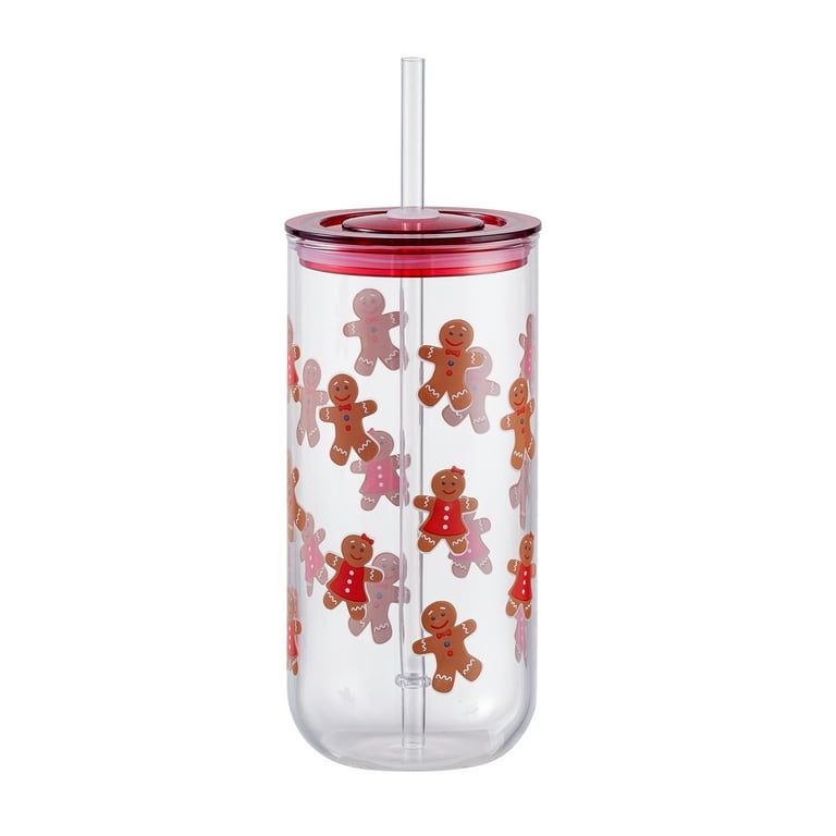 Gingerbread Man Can Sipper Glass with Lid 20 OZ Holiday Time