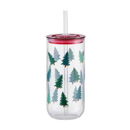 Christmas Trees Can Sipper Glass with Lid 20 OZ Holiday Time
