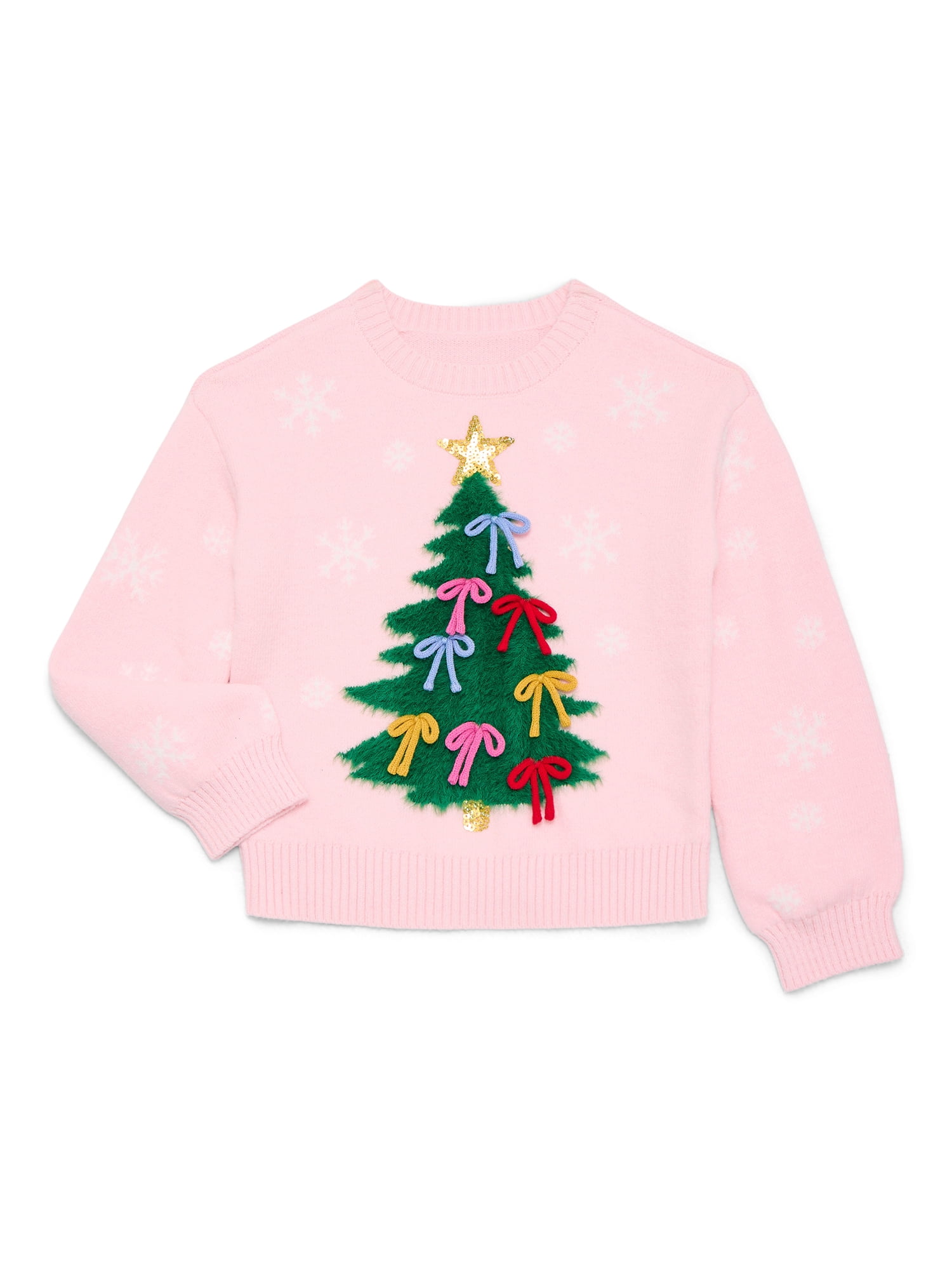 Holiday Time Girls 3D Christmas Tree Sweater with Long Sleeves, Sizes 4-18 & Plus