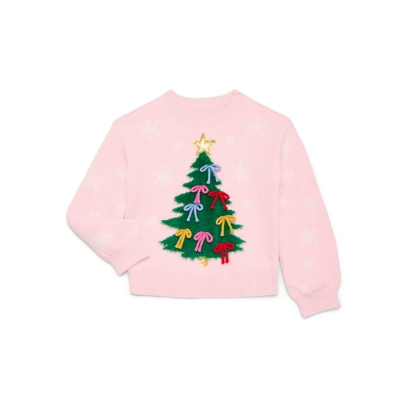 Holiday Time Girls 3D Christmas Tree Sweater with Long Sleeves, Sizes 4-18 & Plus