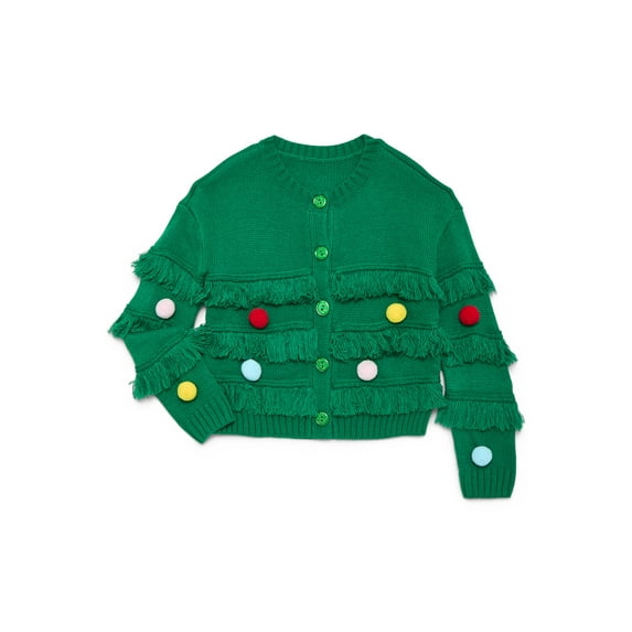 Holiday Time Girls Fringe Cardigan Sweater with 3D Trim, Sizes 4-18 & Plus