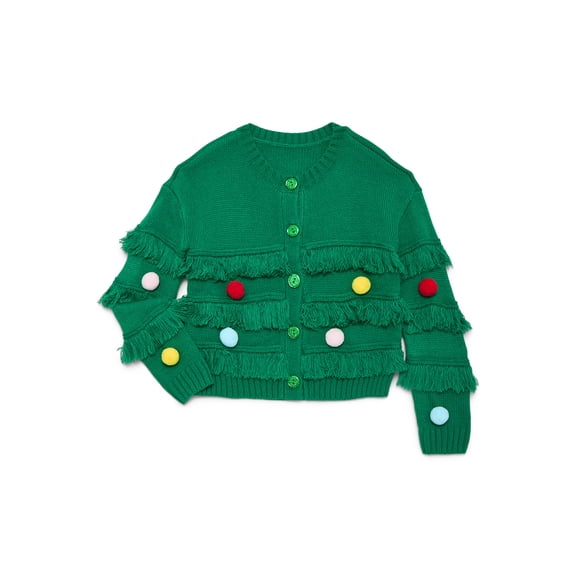 Holiday Time Girls Fringe Cardigan Sweater with 3D Trim, Sizes 4-18 & Plus