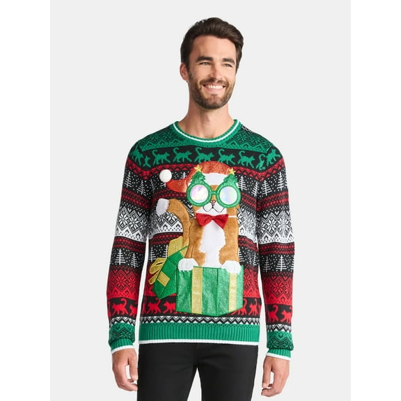 Men's Christmas Sweater Ugly Christmas Sweater with Drink Pocket from Holiday Time, Sizes XS-3XL