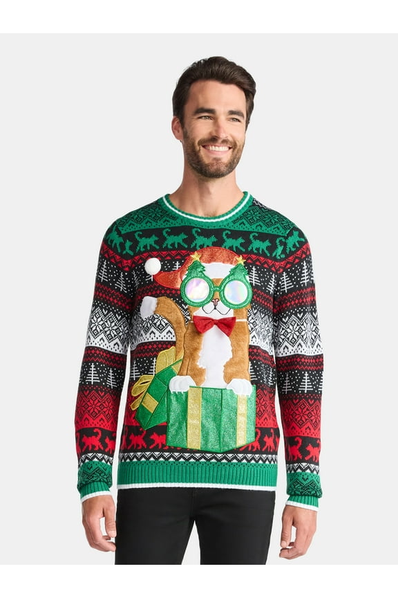 Men's Christmas Sweater Ugly Christmas Sweater with Drink Pocket from Holiday Time, Sizes XS-3XL