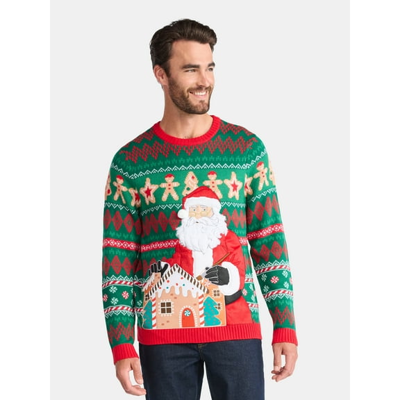 Holiday Time Men's Long Sleeve Christmas Sweater with Drink Pocket, Sizes XS-3XL