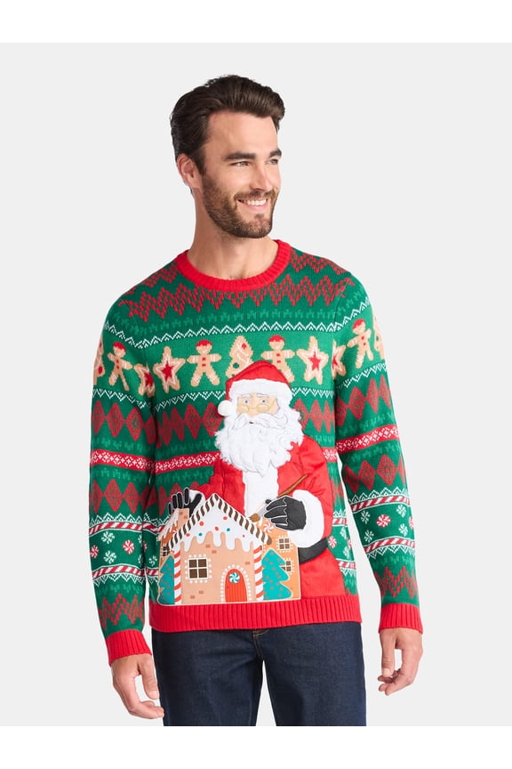 Men's Christmas Sweater Ugly Christmas Sweater with Drink Pocket from Holiday Time, Sizes XS-3XL