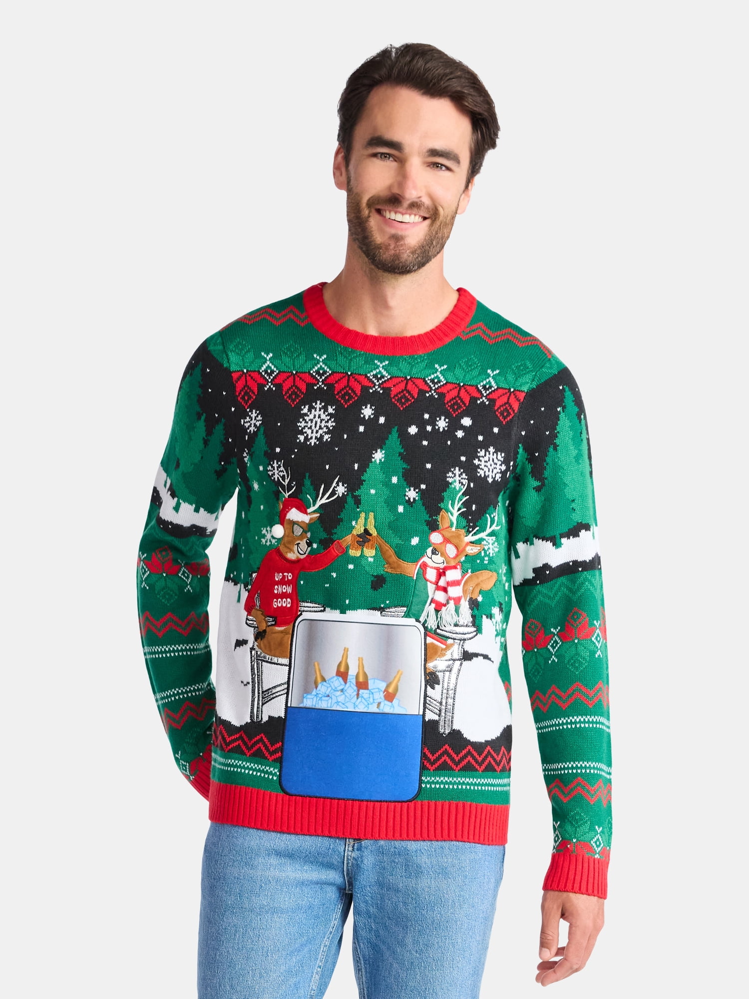 Men's Christmas Sweater Ugly Christmas Sweater with Drink Pocket from Holiday Time, Sizes XS-3XL